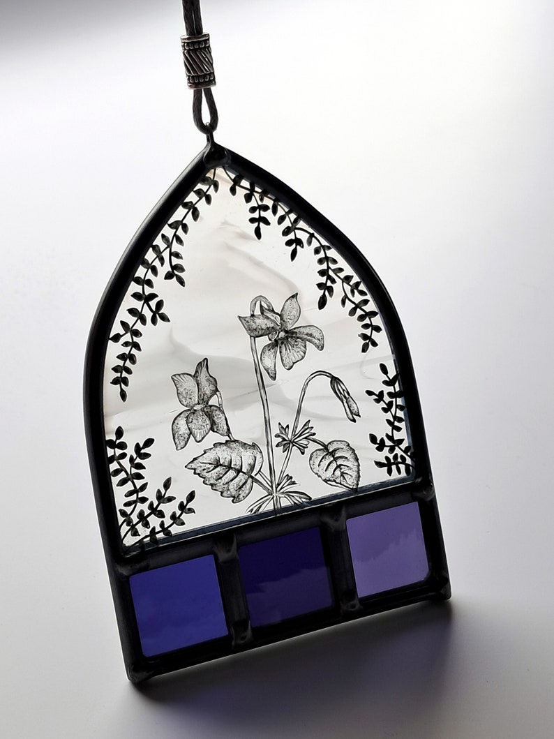 Hand Painted, Arch Top Stained Glass Suncatcher With Wildflower Violet