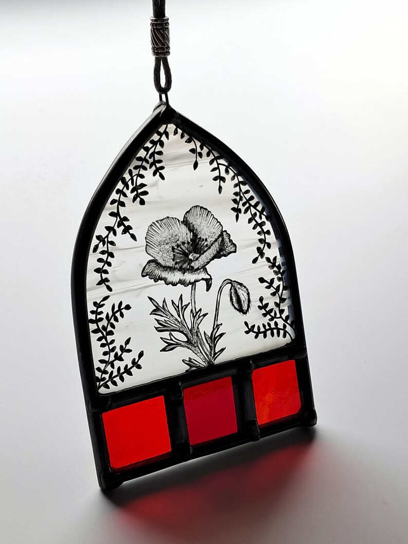Hand Painted, Arch Top Stained Glass Suncatcher With Wildflower Poppy