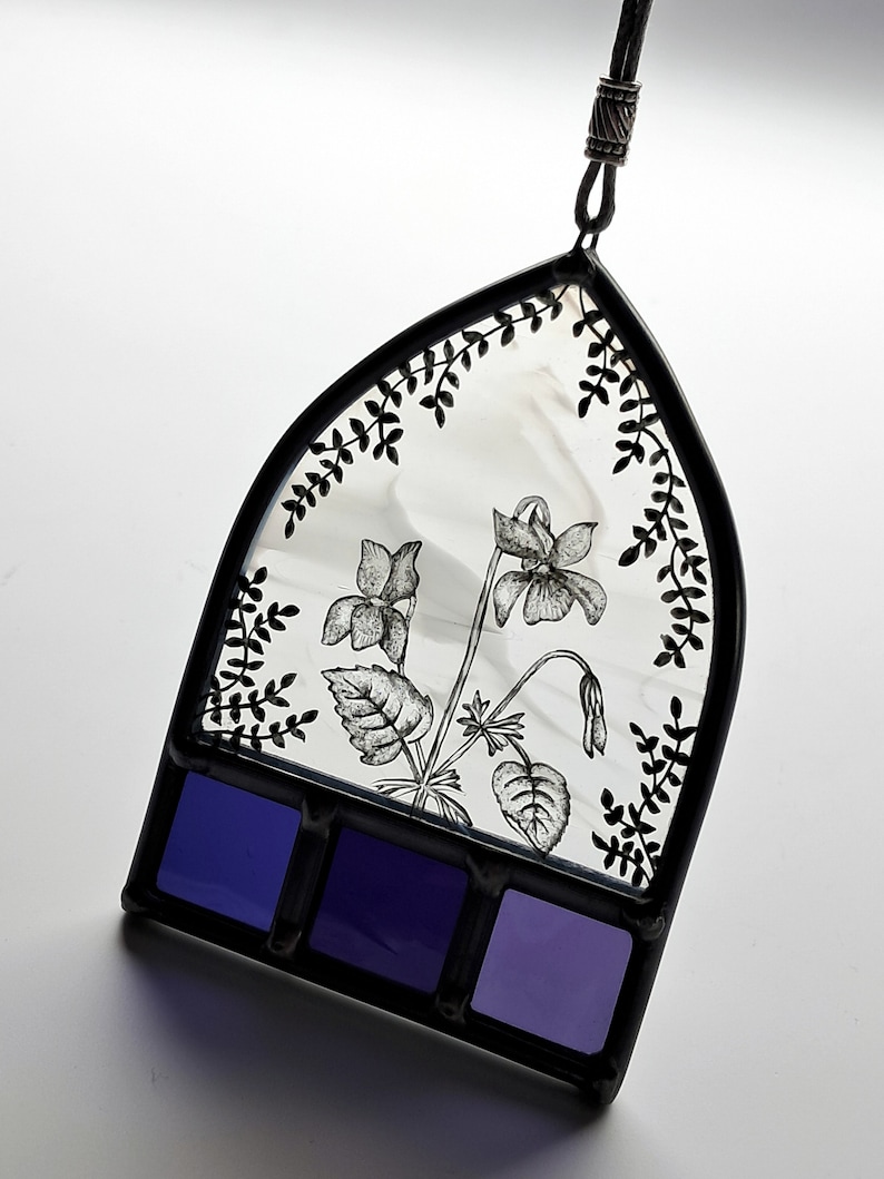Hand Painted, Arch Top Stained Glass Suncatcher With Wildflower Violet
