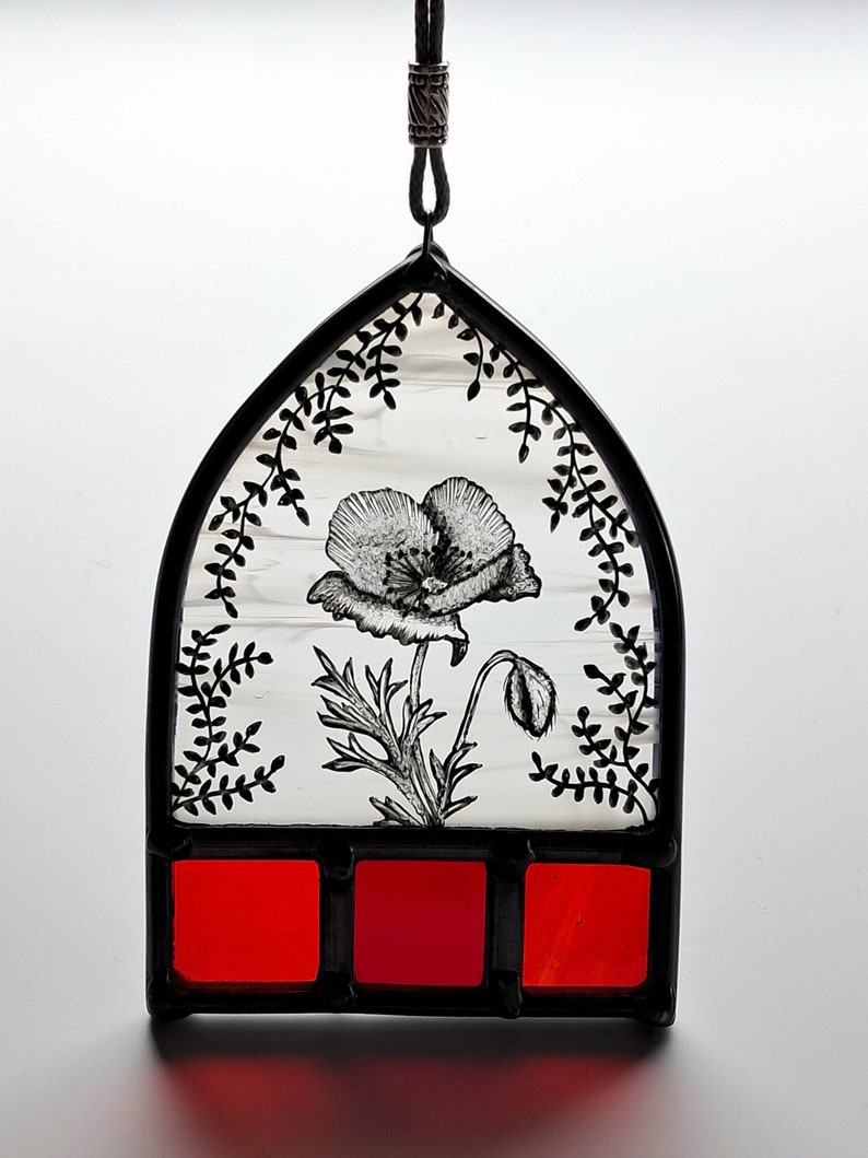 Hand Painted, Arch Top Stained Glass Suncatcher With Wildflower Poppy