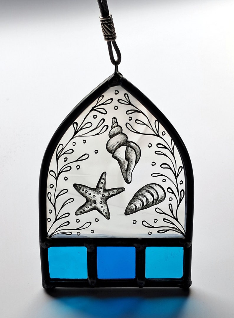 Hand Painted, Arch Top Stained Glass Suncatcher With Seashells