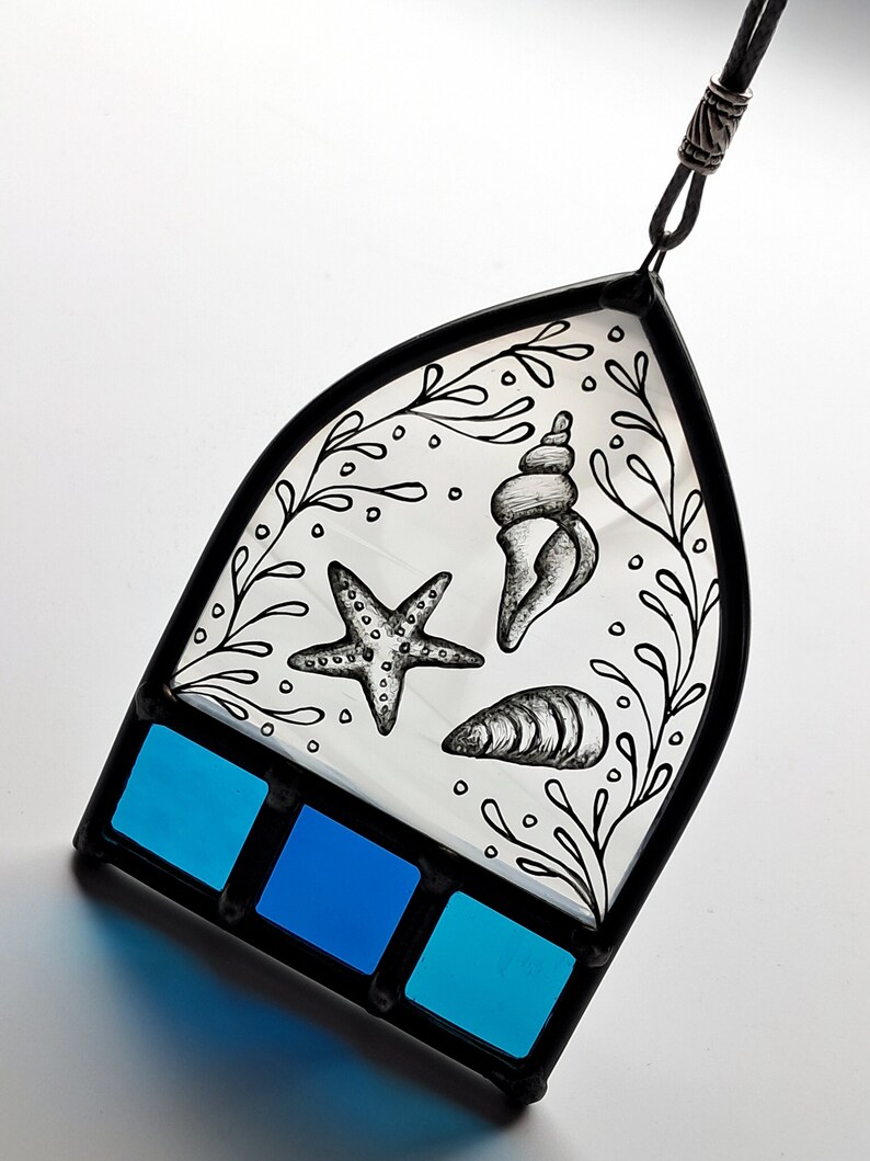 Hand Painted, Arch Top Stained Glass Suncatcher With Seashells