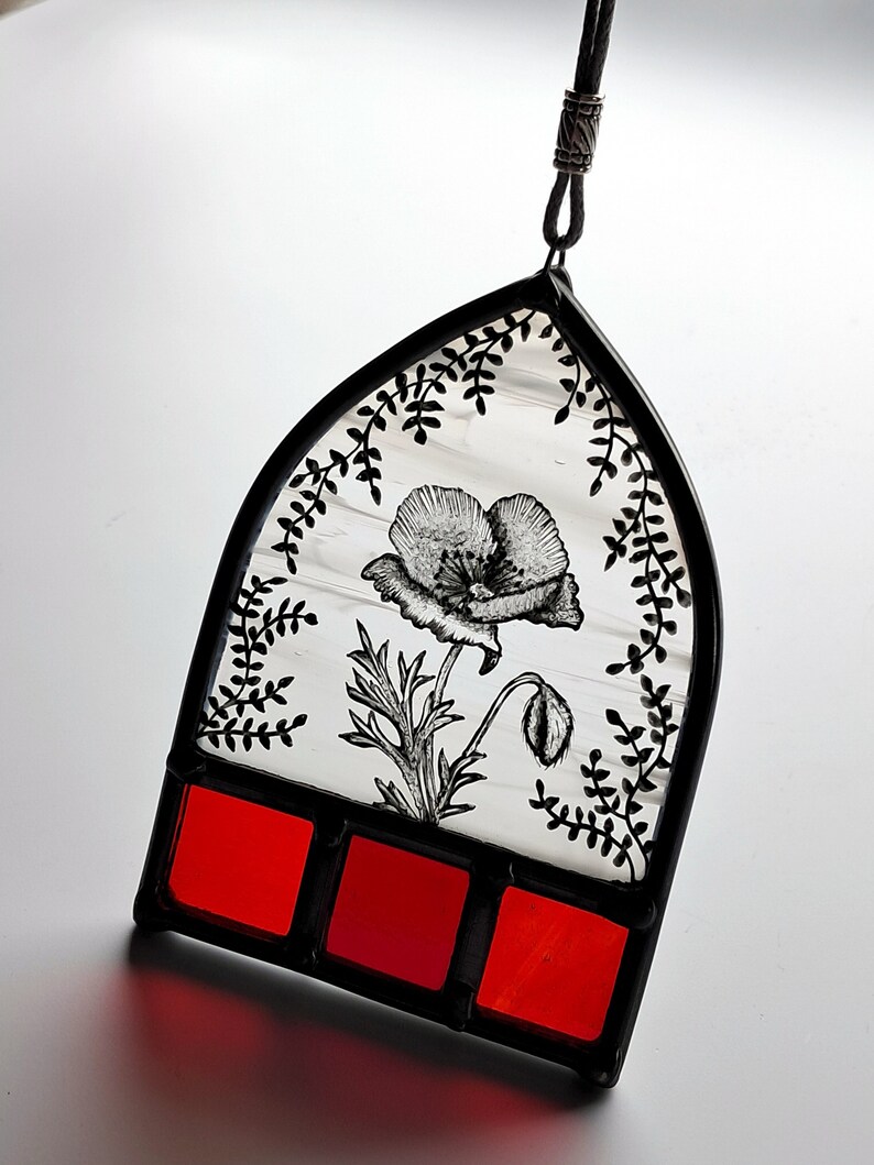 Hand Painted, Arch Top Stained Glass Suncatcher With Wildflower Poppy