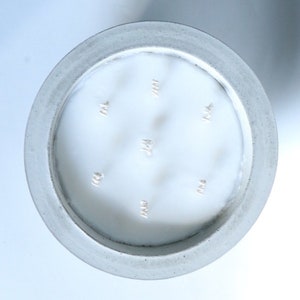 May include: A white candle in a gray concrete container. The candle has a smooth surface and is decorated with small, white, raised dots.
