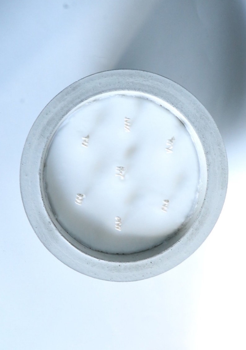 May include: A white candle in a gray concrete container. The candle has a smooth surface and is decorated with small, white, raised dots.