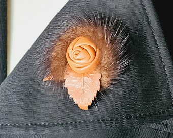 Amazing handmade retro leather and mink flower brooch