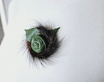 Amazing handmade retro leather and mink flower brooch