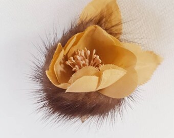Amazing handmade retro, mink and textile flower brooch
