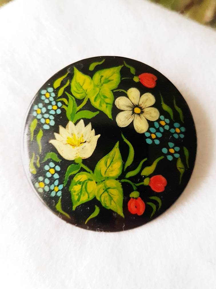 Broche Vintage Peinte Sur Bois - Bijou Fantaisie Ancien Et Charmant
