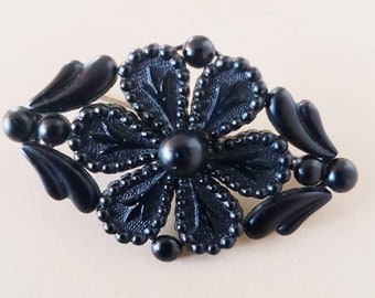 Antike viktorianische nviktorianische nschwarze Trauer Glas Blume Pin/Brosche