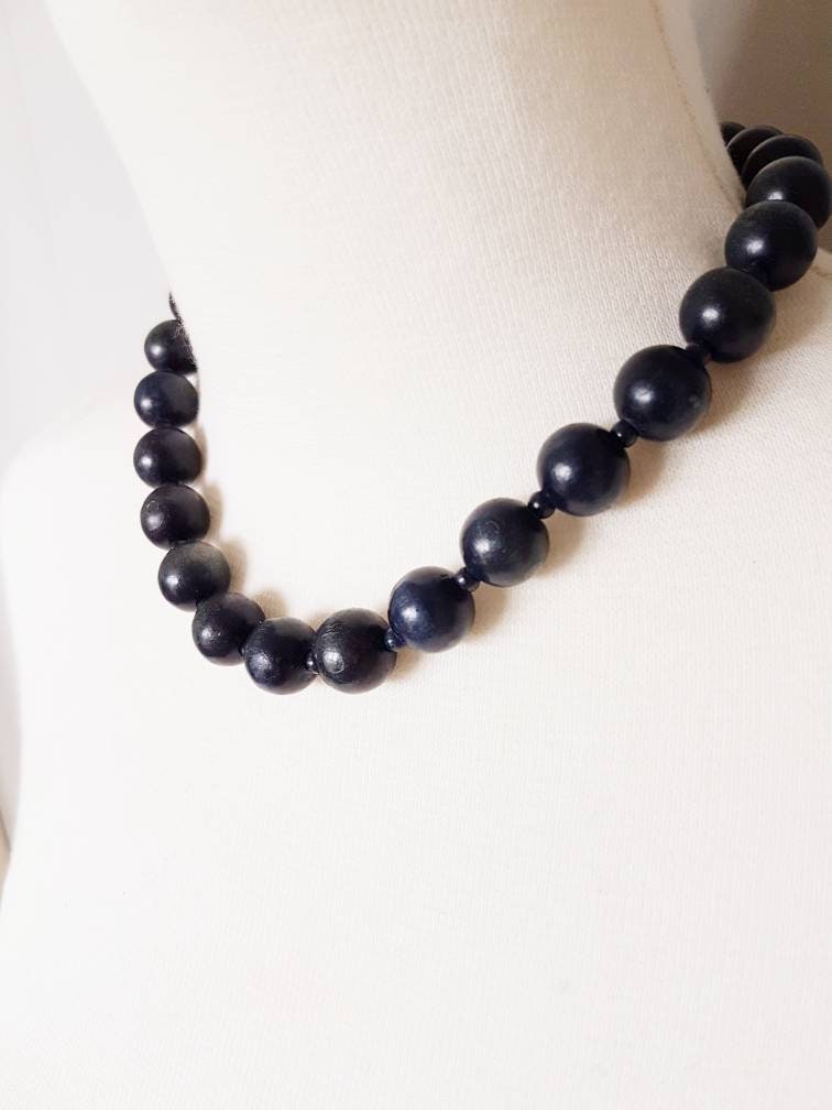 Collier Perles Bois Bleu Et Résine Dorée - Bijou Vintage S&C 3231 - Parfait état