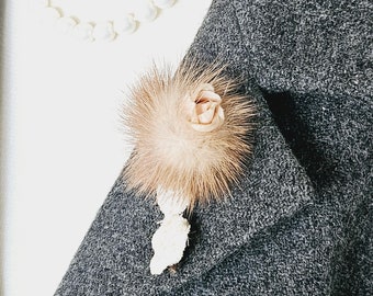 Amazing handmade retro, mink and textile flower brooch