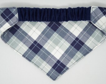 Light Blue Plaid Flannel Reversible Dog Bandana with Elastic Collar