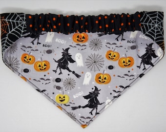 Halloween Spider Web/Witches Reversible Dog Bandana with Elastic Collar