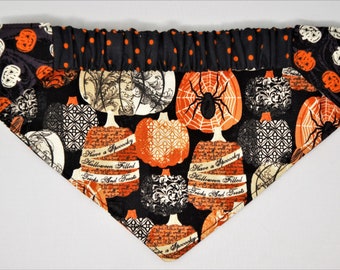 Halloween Patterned Pumpkins Reversible Dog Bandana with Elastic Collar