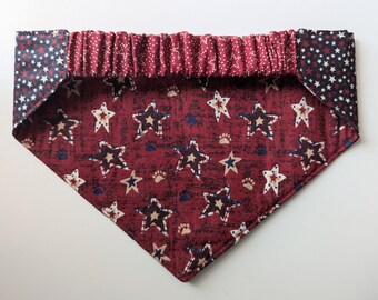 Patriotic Red Multi Colored Star Reversible Dog Bandana with Elastic Collar
