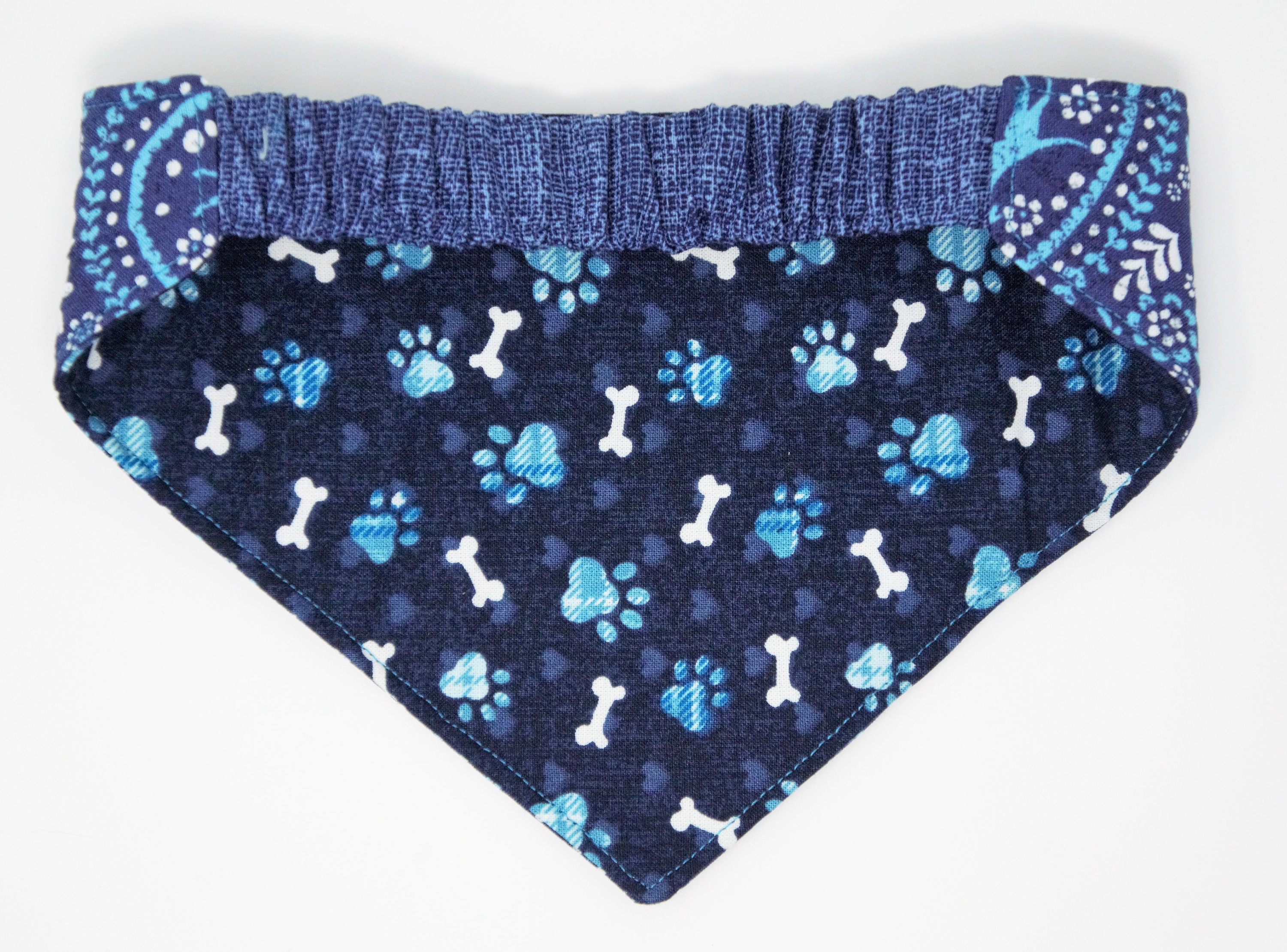 Navy Multi Paw and Dog Bone Pattern Reversible Dog Bandana with Elastic Collar