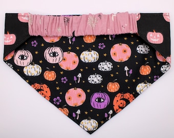 Pink Halloween Pumpkin Reversible Dog Bandana with Elastic Collar