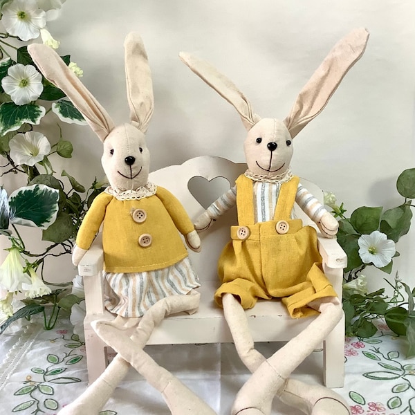 Couple lapin de Pâques tissu décoration vintage ht 55 cm