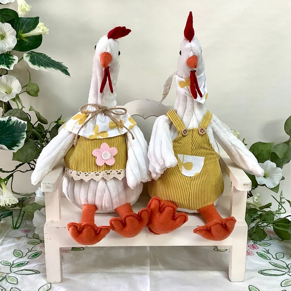 Couple poules tissu et dentelles décoration vintage ht 28 cm