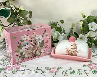 Beurrier de Pâques céramique rose blanc motif lapin ht 8.5 cm