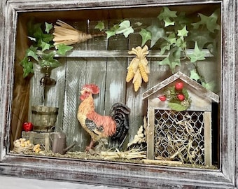 Cadre vitrine miniature poulailler coq vintage