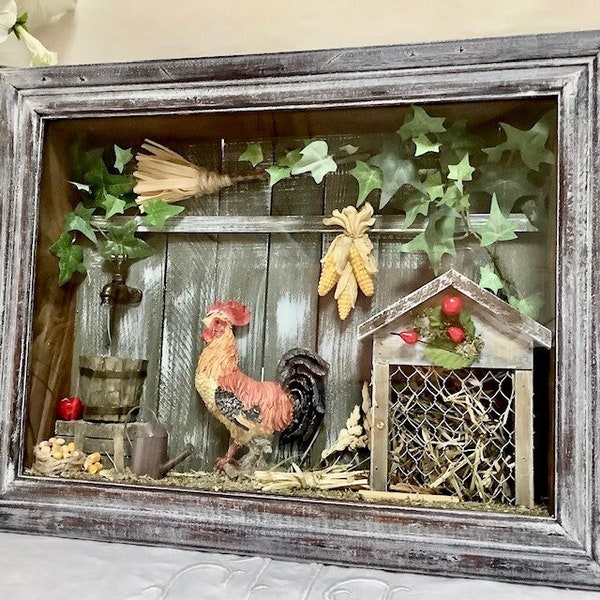 Cadre vitrine miniature poulailler coq vintage