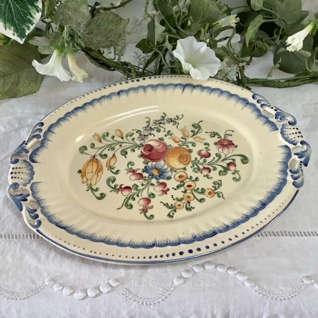 Grand Plat Ovale Vintage Faïence Motif Floral