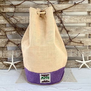 Sac de plage imperméable toile de jute beige violet ht 40 cm