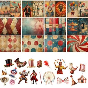 Thème cirque 12 feuilles A5 vintage + 38 autocollants