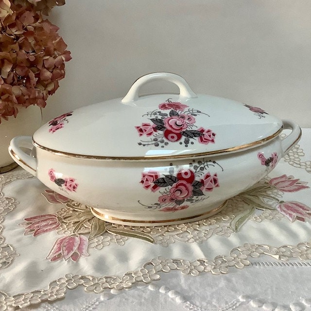 Soupière Légumier Vintage Porcelaine Art Déco Roses Av