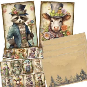 Thème animaux victoriens  12 cartes + 4 enveloppes + 32 autocollants