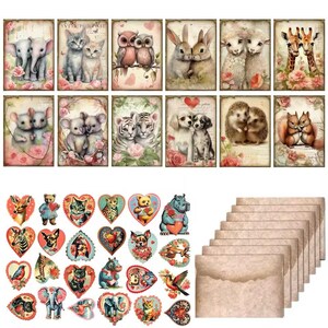 Thème animaux mignons  12 cartes + 8 enveloppes + 48 autocollants