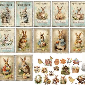 Thème lapin de Pâques vintage 12 cartes + 38 autocollants