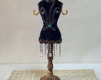 Porte bijoux mannequin velours bleu ht 28.5 cm vintage