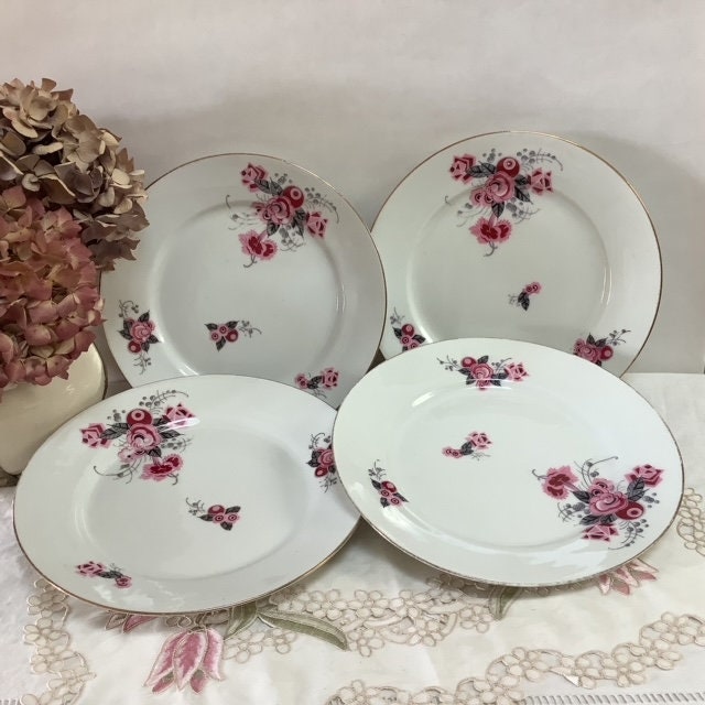 Assiettes Plates Vintage Porcelaine Art Déco Roses Av