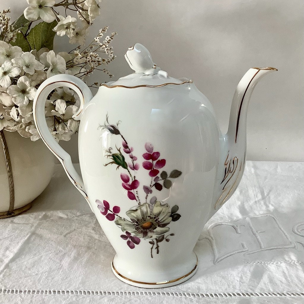 Cafetière Théière Verseuse Vintage Porcelaine Fleurs Lourioux