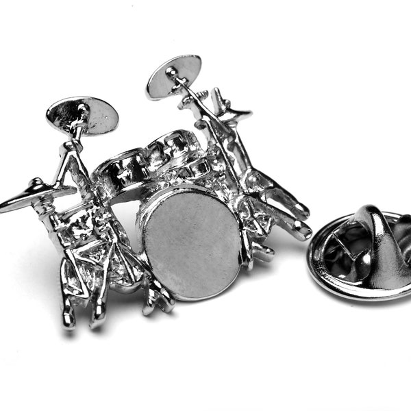 Silver Metal Drum Kit Pin Badge - Gift for Drummers