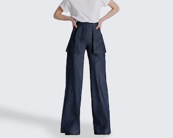 Wide leg high-waisted dark denim pants