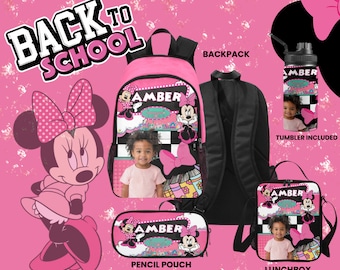 Mochila retro personalizada de Minnie Mouse, mochila esencial para la vuelta al cole con nombre personalizado, mochila de viaje, mochila para niños, vuelta al cole