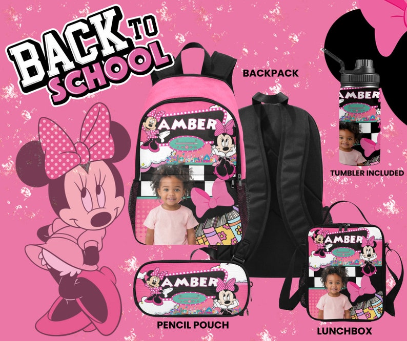 May include: Pink Minnie Mouse themed school set with a backpack, lunchbox, pencil pouch, and water bottle. The set includes a photo of a child and the name "Amber". The words "Back to School" are displayed at the top.