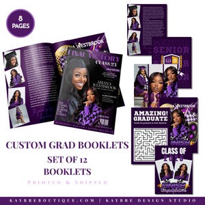 May include: A set of custom graduation booklets in purple and white, featuring a graduate's photo and the text "Final Victory Class 25." The booklets include a maze and the words "Amazing! Graduate."