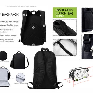 May include: Black 17-inch backpack with enhanced features, including widened shoulder straps and a three-dimensional backplane. The image also shows an insulated lunch bag and a pencil case with a cactus pattern.