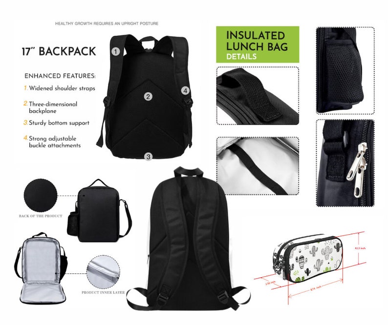 May include: Black 17-inch backpack with enhanced features, including widened shoulder straps and a three-dimensional backplane. The image also shows an insulated lunch bag and a pencil case with a cactus pattern.