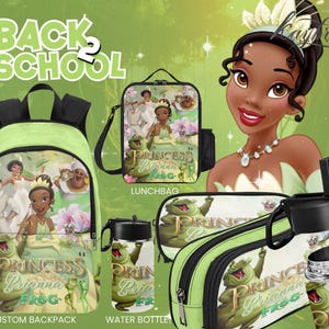 Sac à dos personnalisé vert princesse Tiana et la grenouille, sac à dos personnalisé indispensable pour la rentrée, sac à dos pour enfants