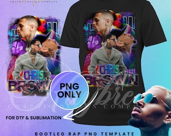 May include: A digital design template featuring a collage of images of Chris Brown. The design is in a colorful, abstract style with a black background. The text "Chris Brown" is written in a rainbow font. The design is labeled "PNG Only" and "For DTF & Sublimation".