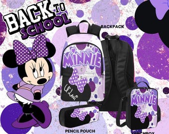Purple Minnie Mouse Personalized Backpack, Back-to-School Essential Custom Name Backpack, Travel Backpack, Backpack for Kids, back to school