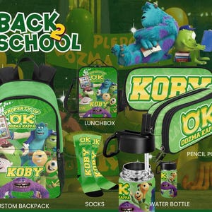 May include: A collection of green and white "Back to School" themed items featuring characters from the movie Monsters University. Includes a backpack, lunchbox, pencil pouch, socks, and water bottle. The text "OK Oozma Kappa" is visible.