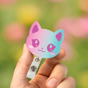 Retro Kawaii Kitty Badge Reel Cute Pastel Cat Acrylic ID Holder for Nurses Doctors Teachers Veterinarians Office Volunteers, ID Clip