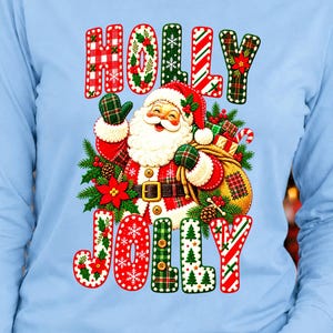 Holly Jolly Santa Christmas Shirt, Faux Patchwork Holiday Tee